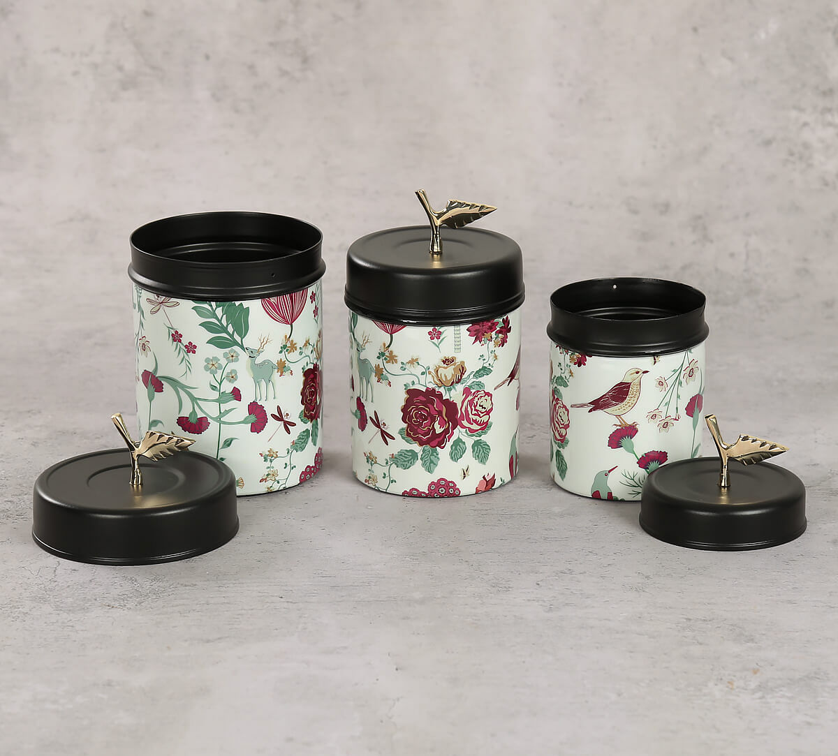 India Circus by Krsnaa Mehta Grey Floral Galore Steel Container Set of 3