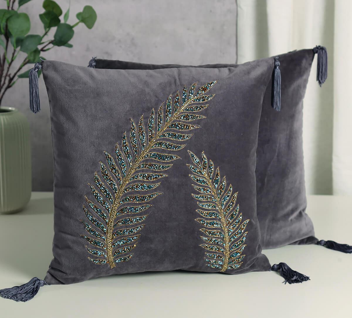 India Circus by Krsnaa Mehta Grey Petal Embellishment Cushion Cover