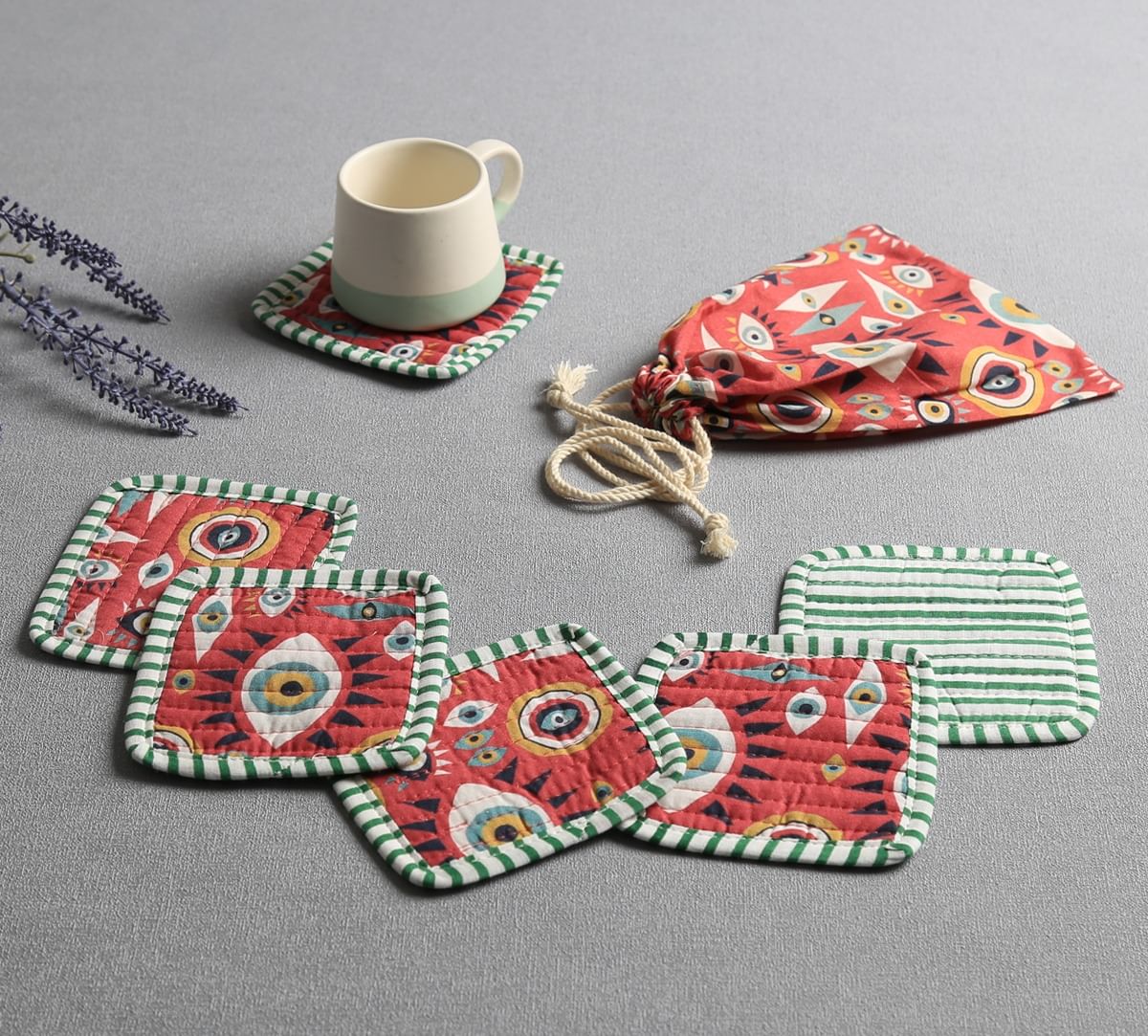 India Circus by Krsnaa Mehta Malocchio Stare Quilted Coasters Set of 6 with Pouch
