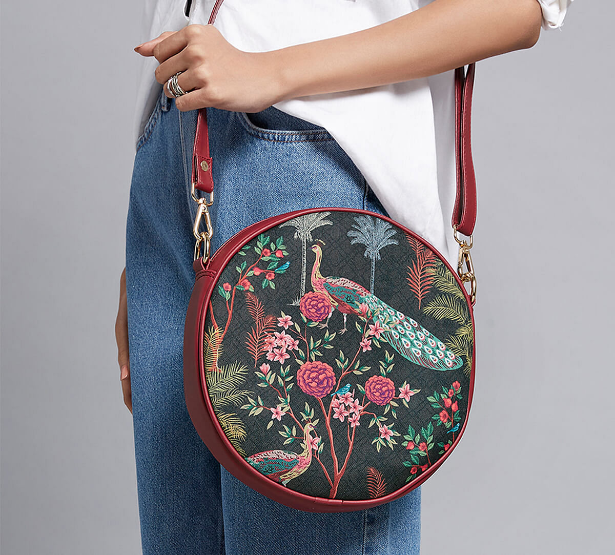 India Circus by Krsnaa Mehta Peacock Garden Round Crossbody Bag