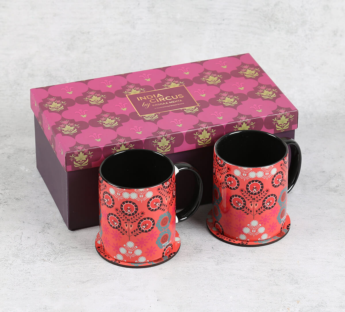 India Circus by Krsnaa Mehta Raceme Rosettes Ceramic Mugs and Coasters Combo Set of 2