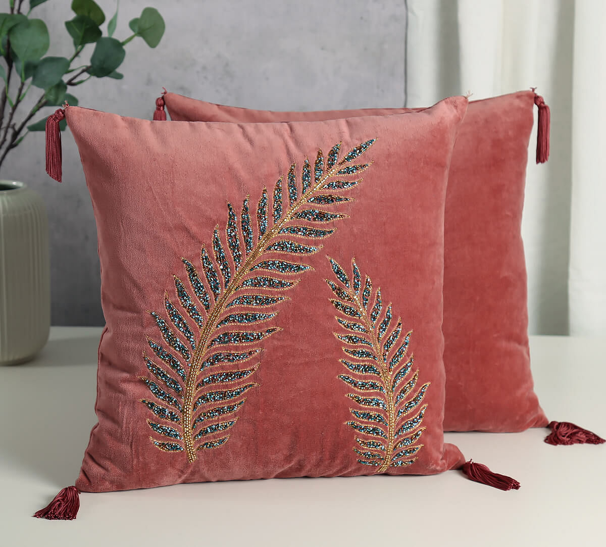 India Circus by Krsnaa Mehta Salmon Petal Embellishment Cushion Cover