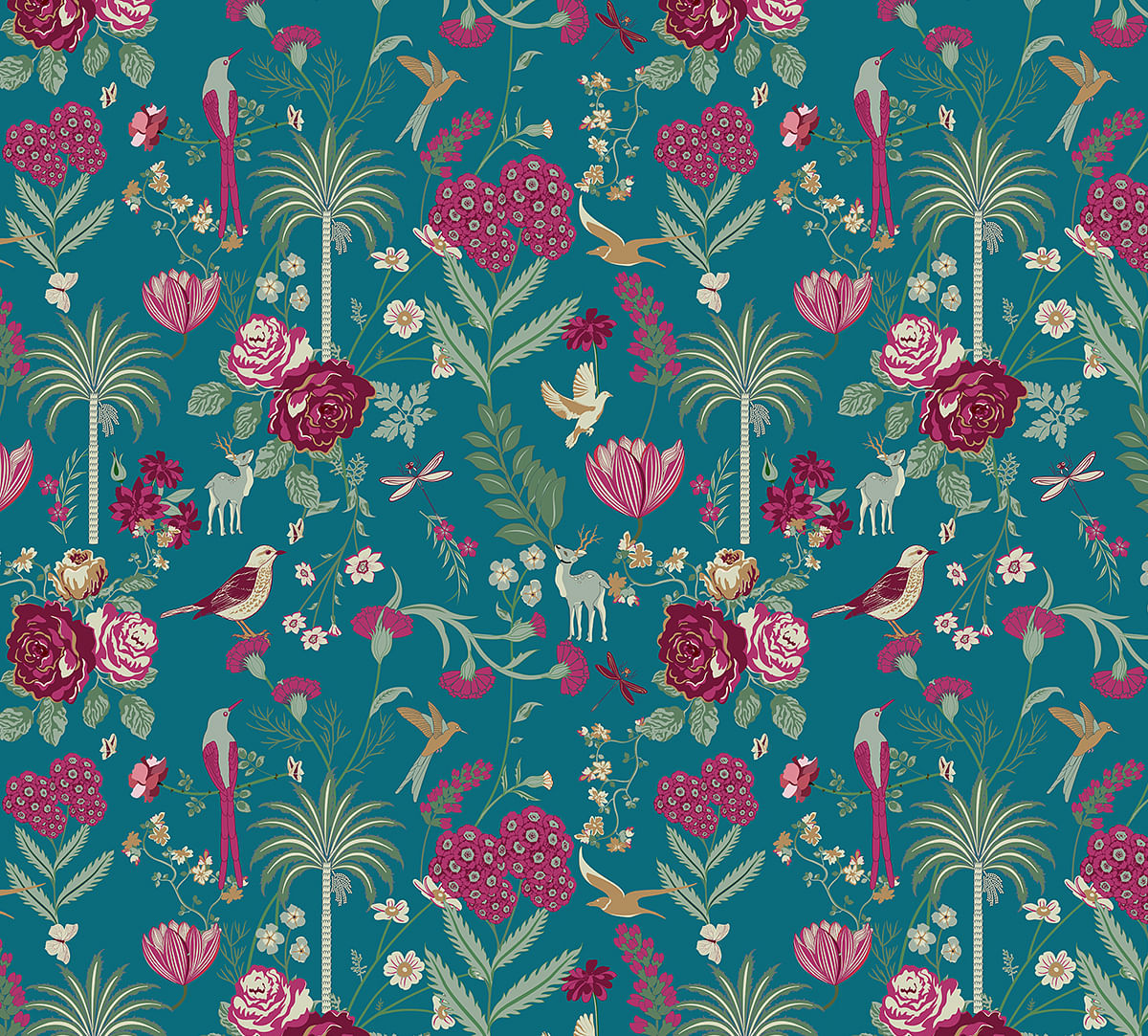 India Circus by Krsnaa Mehta Teal Floral Galore Wallpaper