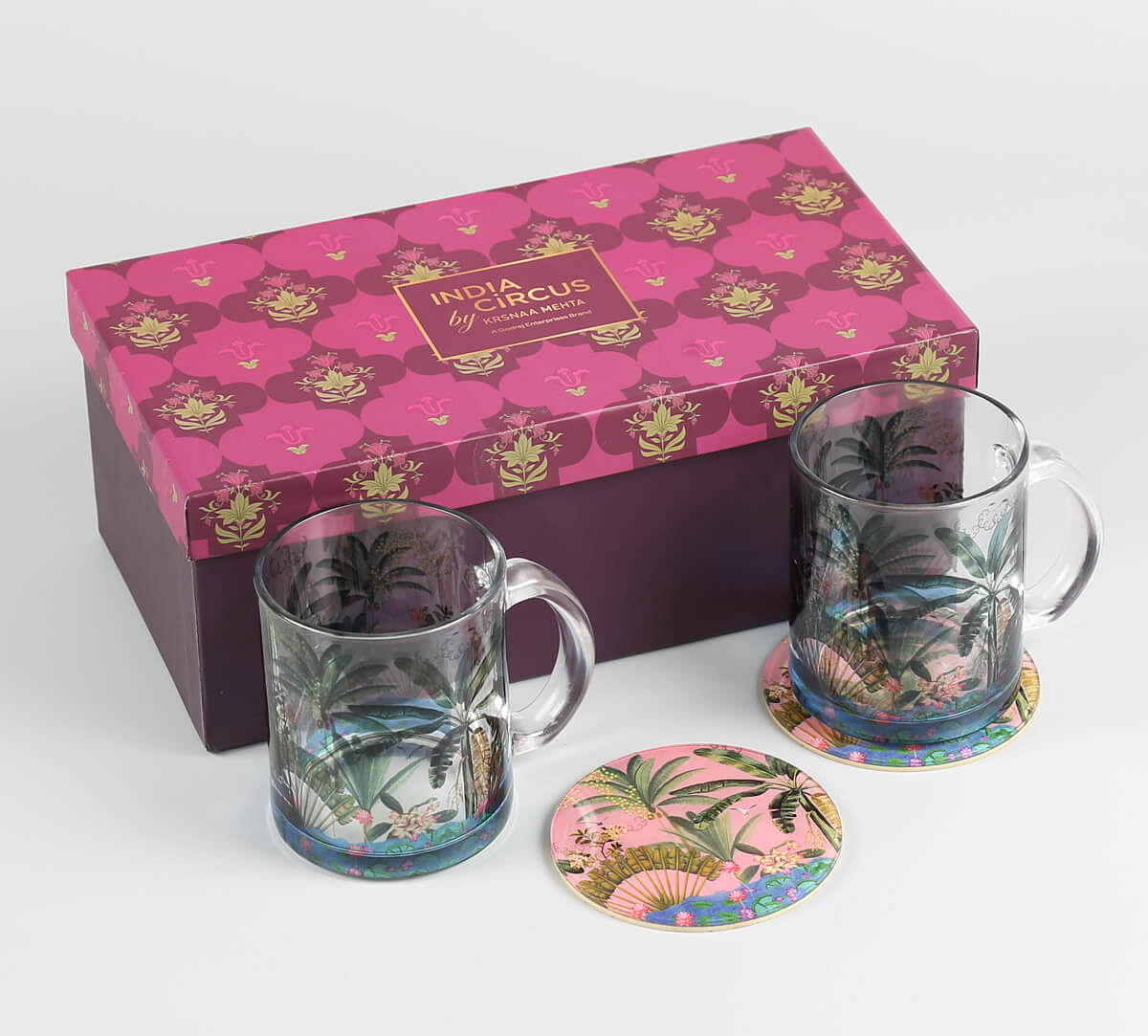 India Circus by Krsnaa Mehta Tropical Daze Glass Mugs & Coasters Combo - Set of 2