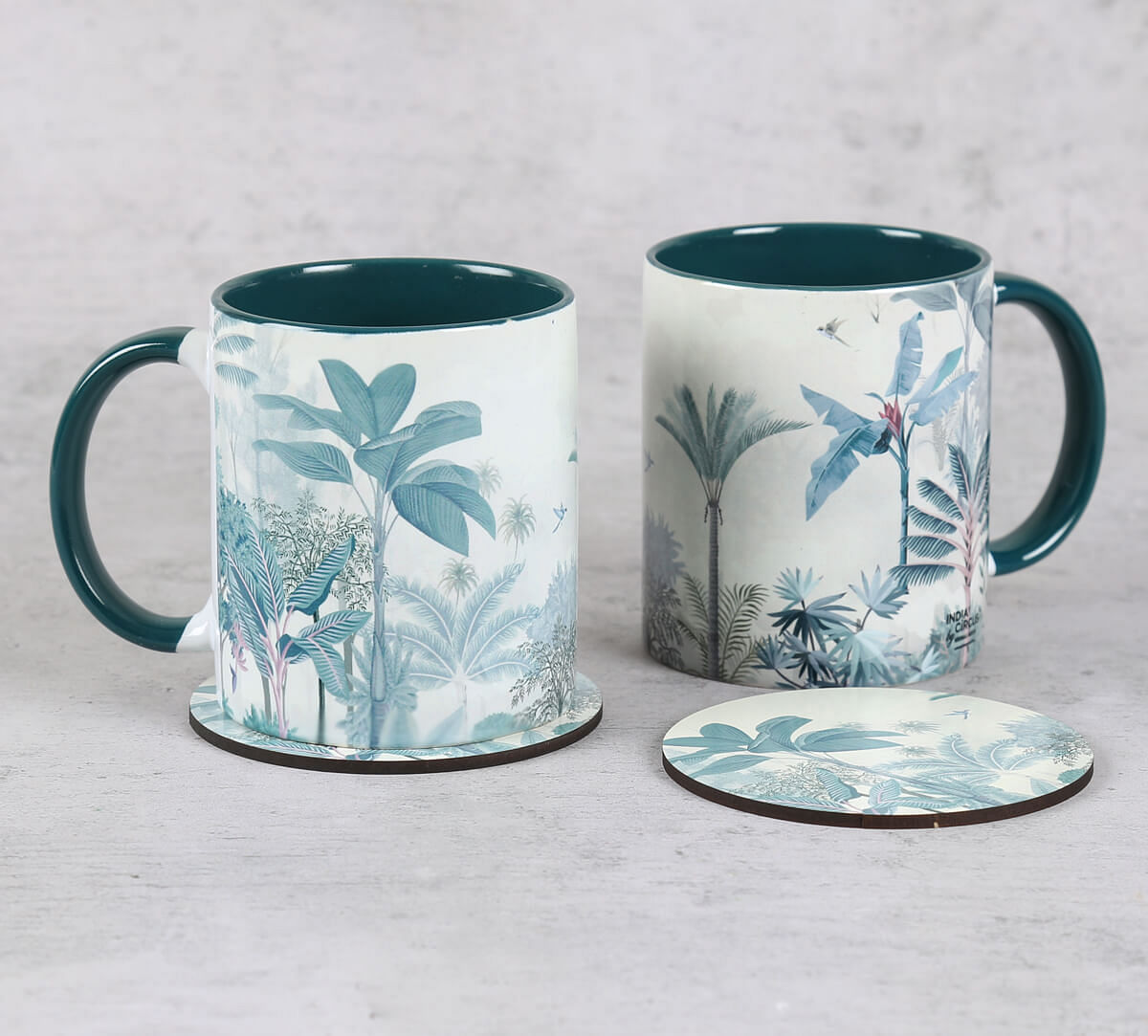 India Circus by Krsnaa Mehta Twirling Tropics Ceramic Mugs and Coasters Combo Set of 2