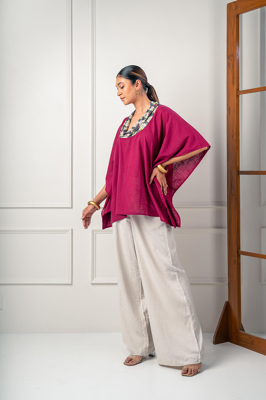 India Circus by Krsnaa Mehta White Rose Allure Cowl Neck Top