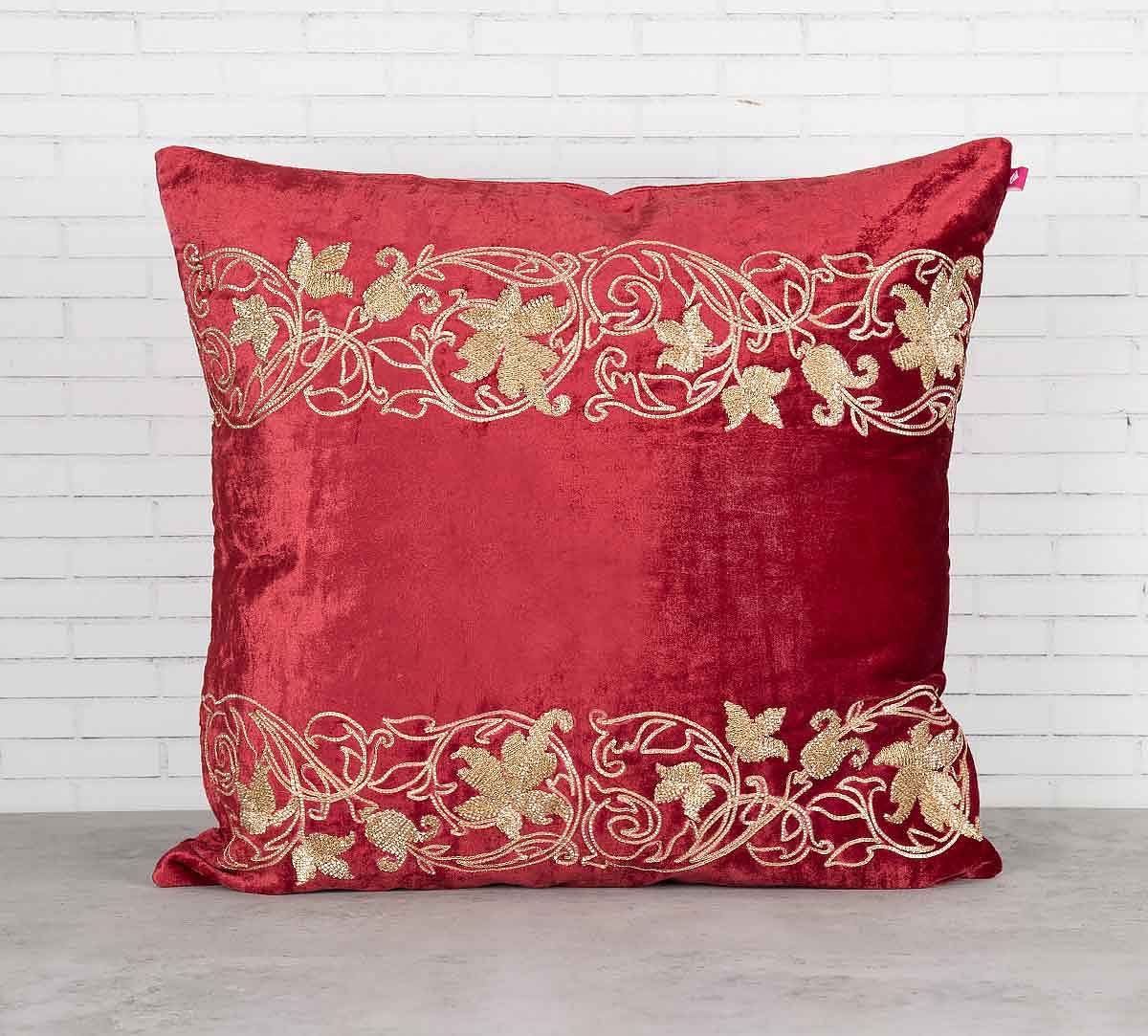 India Circus Floral Bandage Crimson Embroidered Velvet Cushion Cover