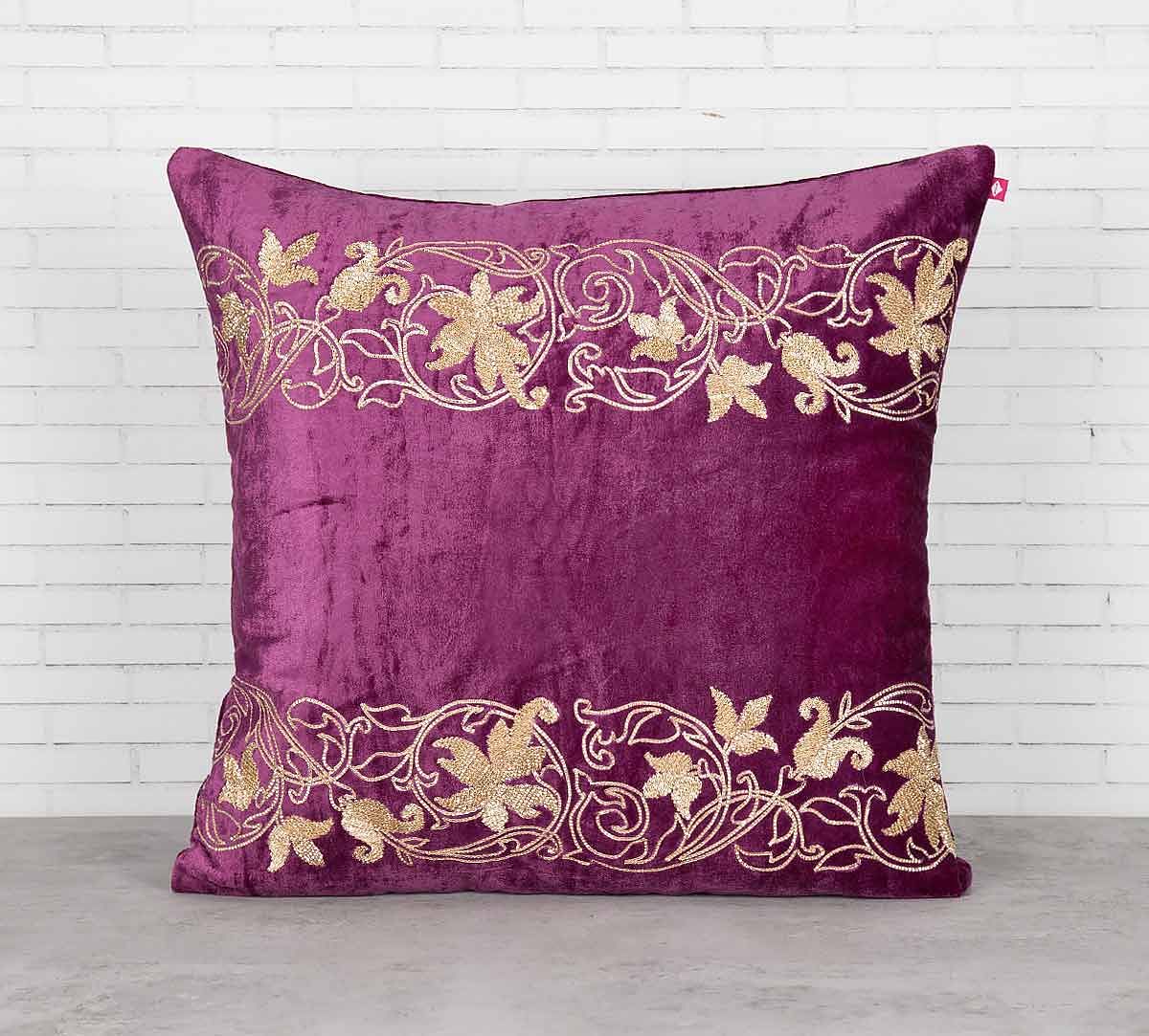 India Circus Floral Bandage Purple Embroidered Velvet Cushion Cover