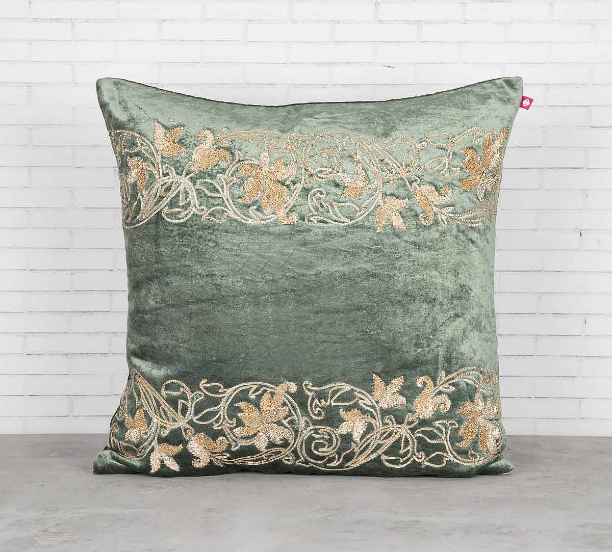 India Circus Floral Bandage Siege Green Embroidered Velvet Cushion Cover