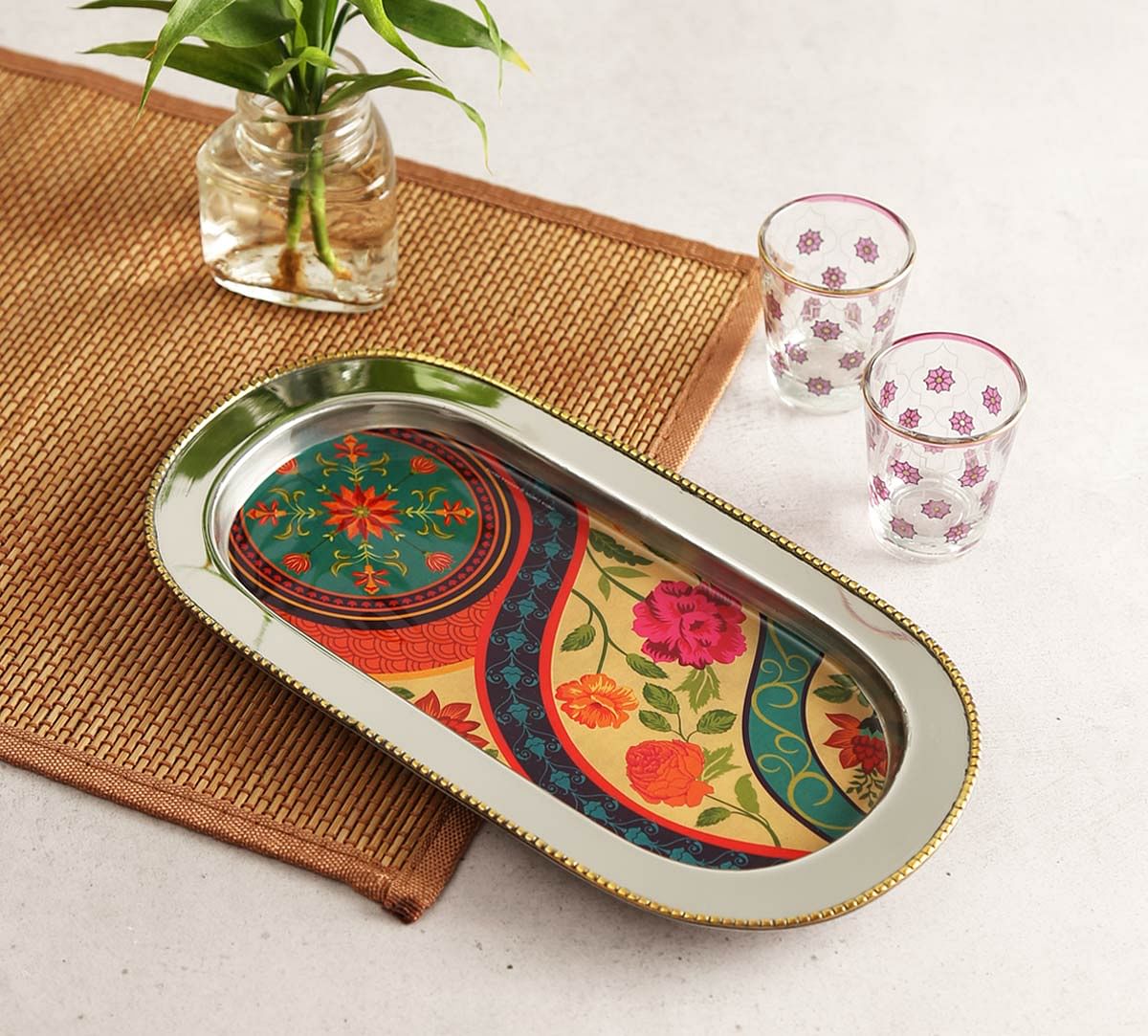 India Circus Floral Embroidery Steel Serving Tray