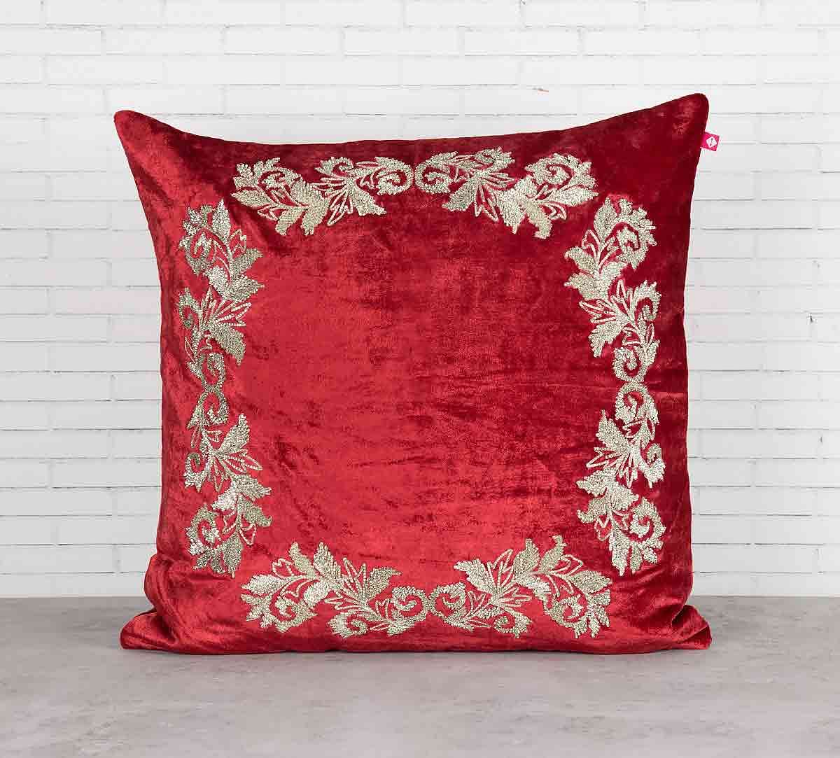 India Circus Floral Enigma Crimson Embroidered Velvet Cushion Cover