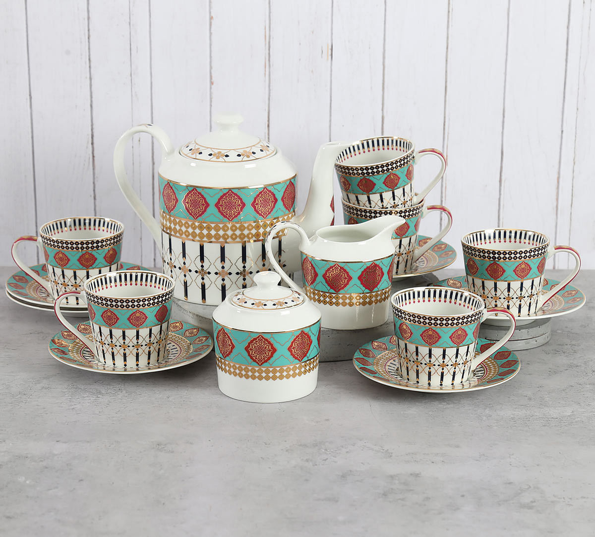 India Circus Floral Reed Tea Cup & Saucer Set of 17 pcs