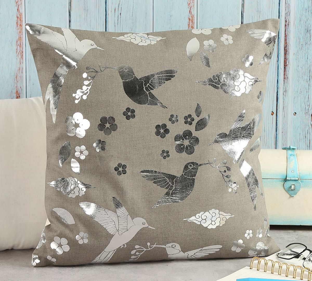 India Circus Grey Flock of Birds Foil Cushion Cover