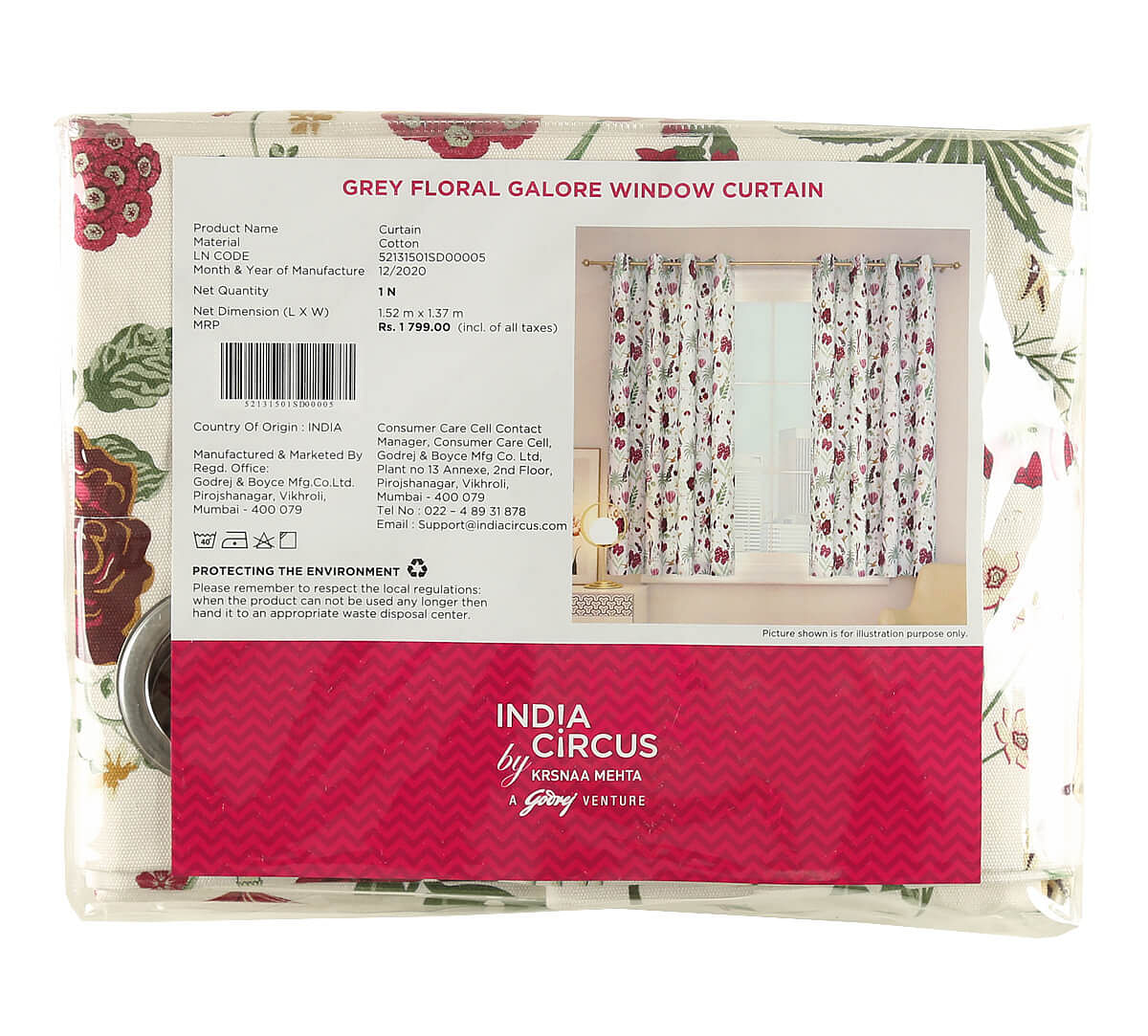 India Circus Grey Floral Galore Window Curtain