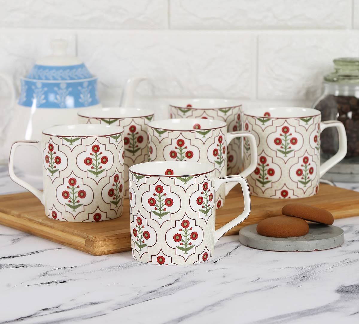 India Circus Grey Poppy Flower Mug Set of 6