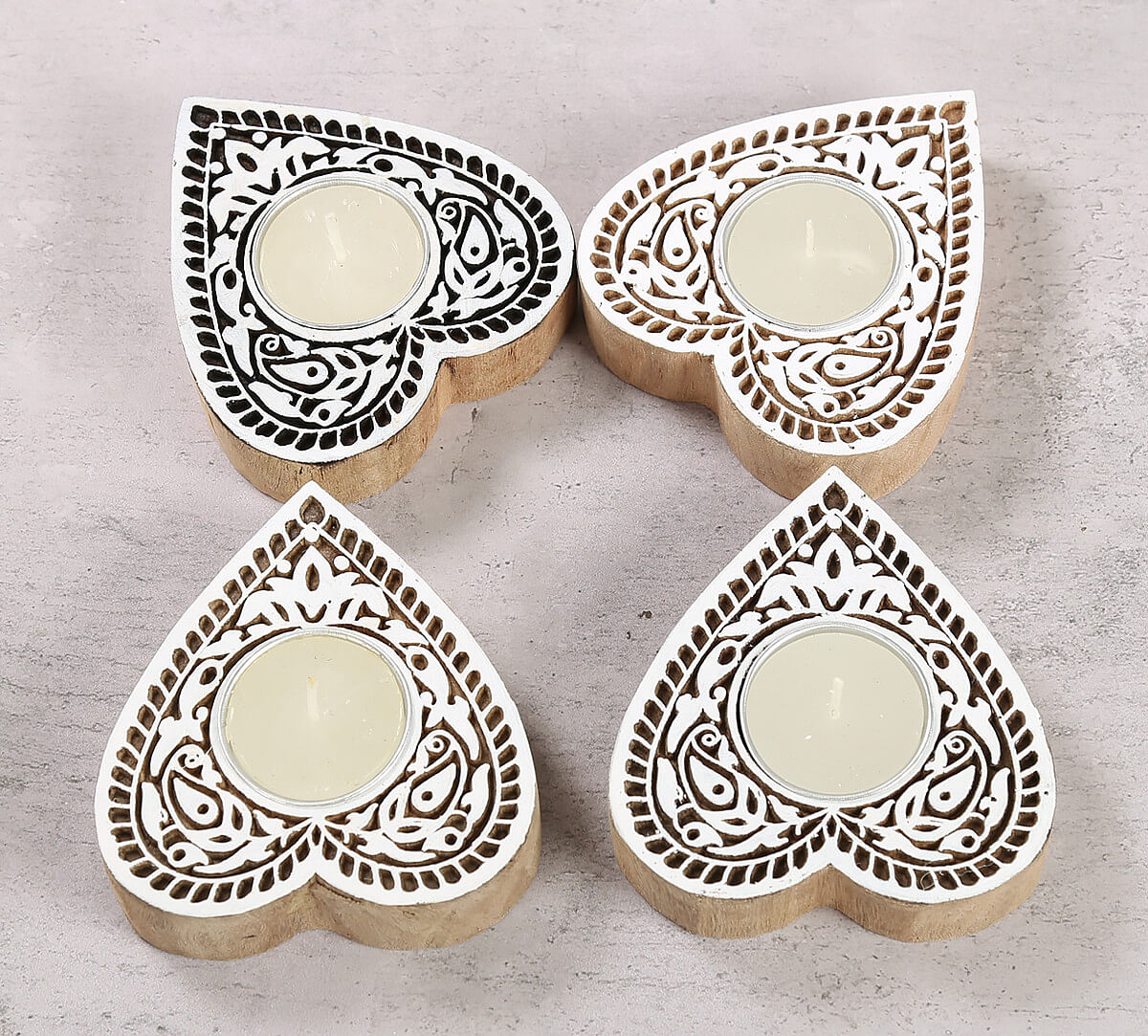 India Circus Heart Shaped Wooden Engraved Tea Light Holder Set of 4