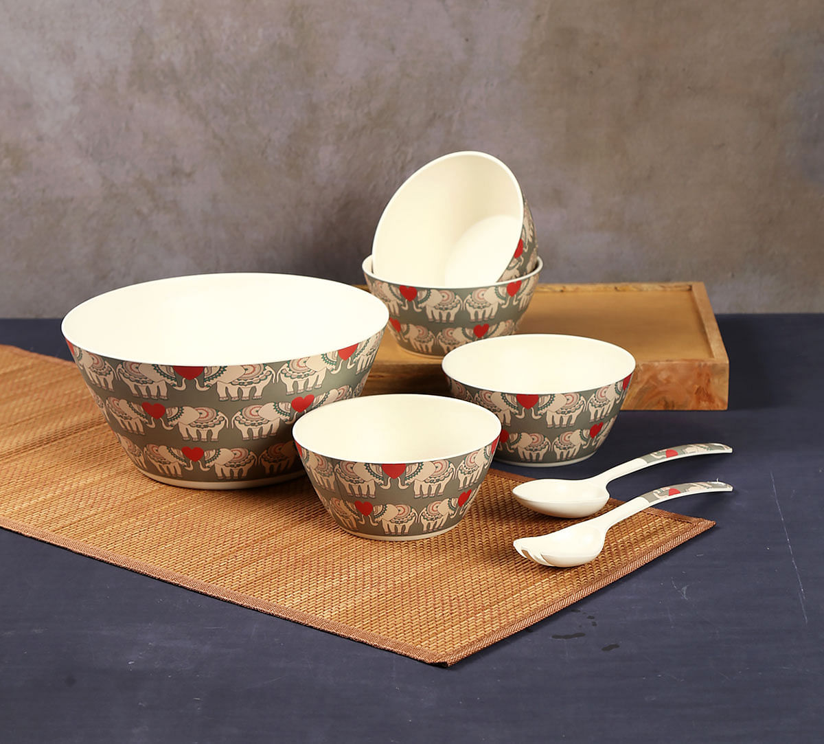 India Circus Heart Tusker Bamboo Salad Bowl Set