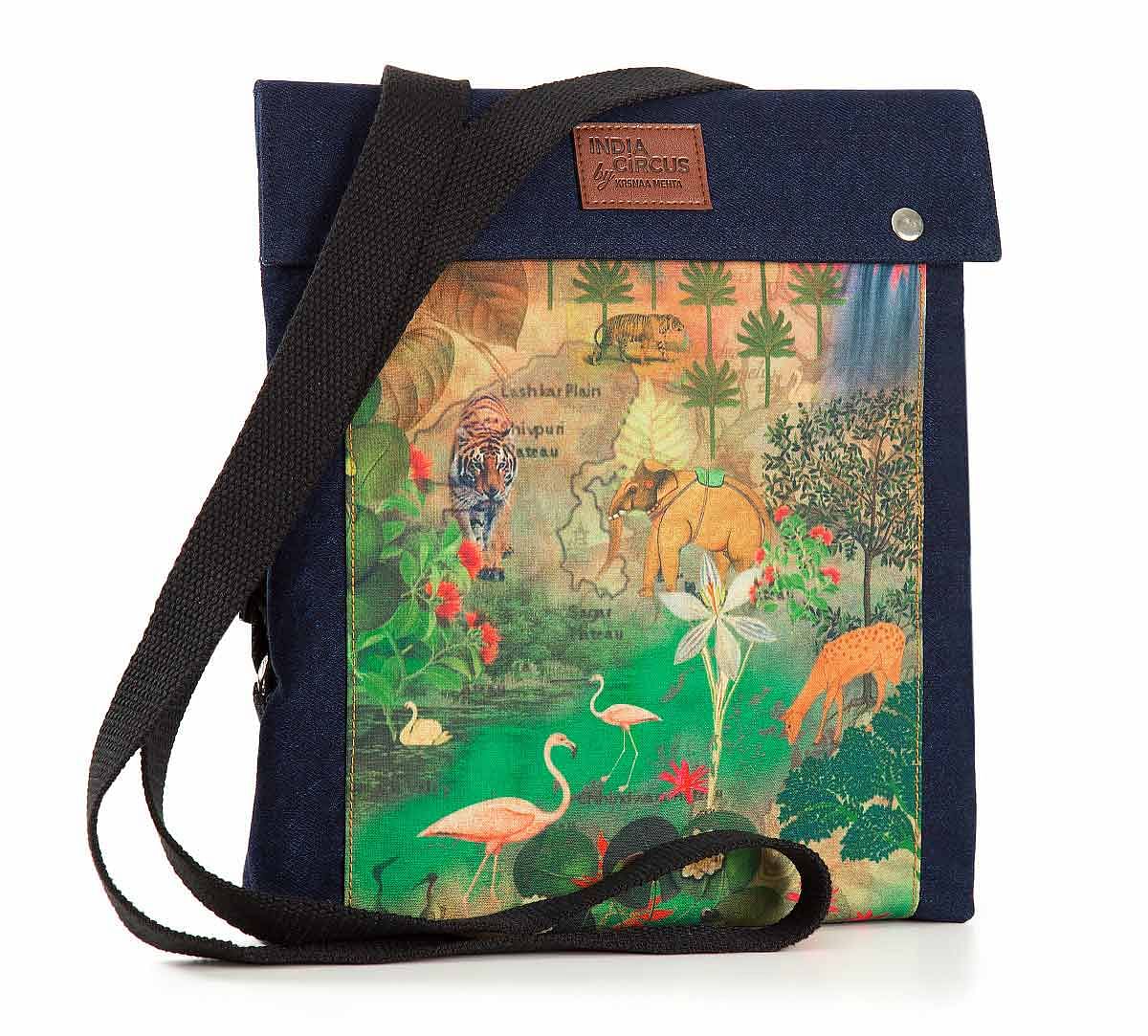 India Circus Mapping Animals Sling Denim Backpack