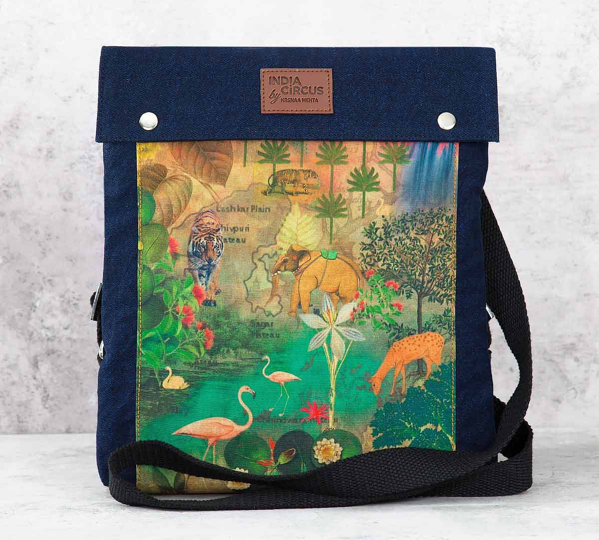 India Circus Mapping Animals Sling Denim Backpack