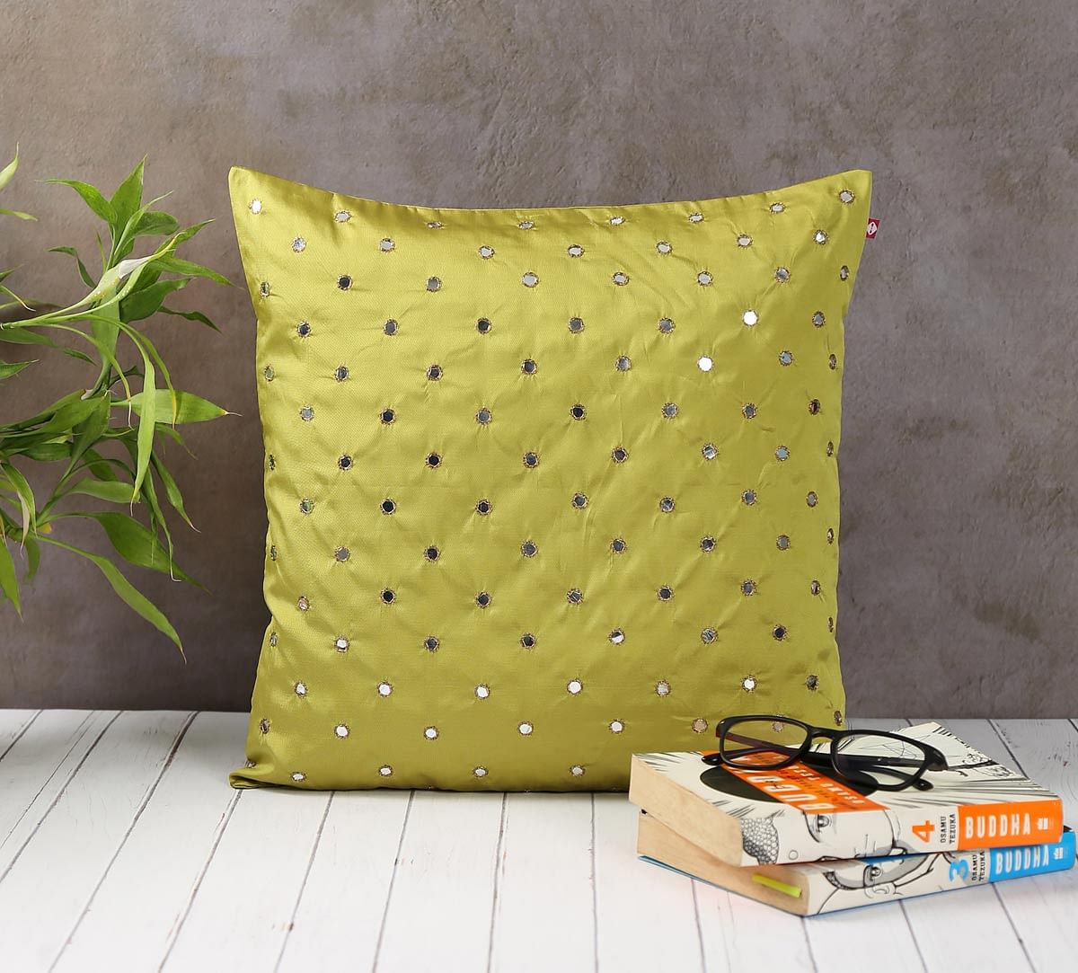 India Circus Mirror Work Olive Green Cushion Cover