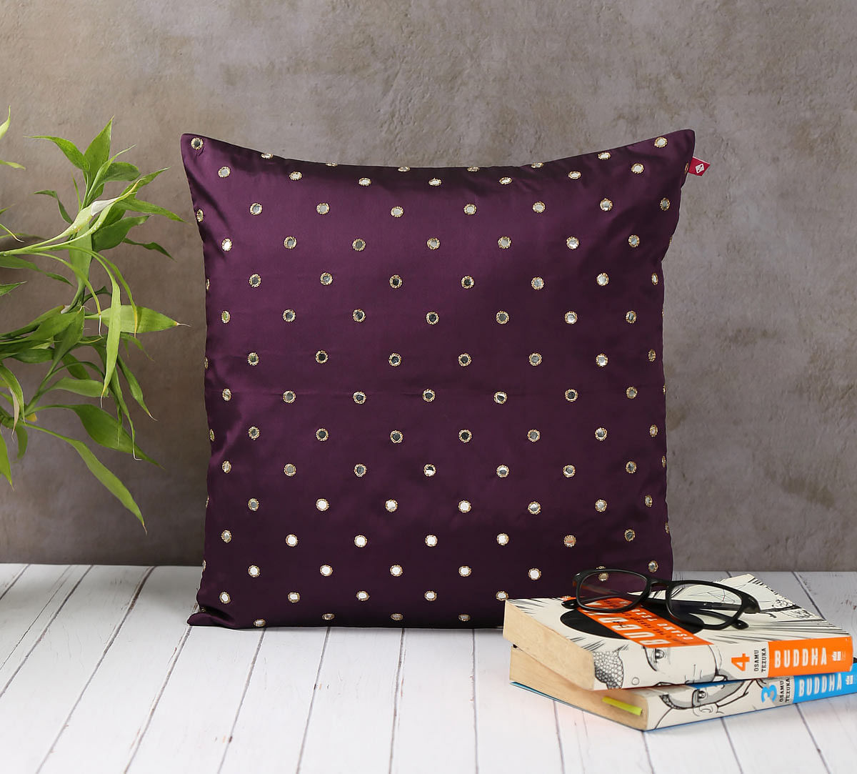 India Circus Mirror Work Purple Cushion Cover