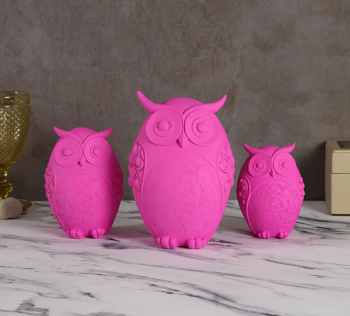 India Circus Neon Pink Owl Figurine Set of 3