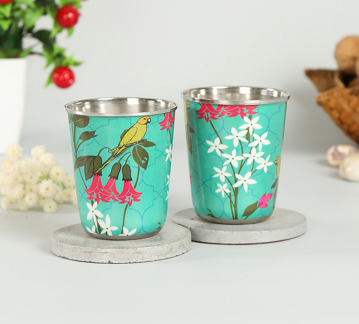 India Circus Parrot & Blooms Small Steel Tumbler (Set of 2)