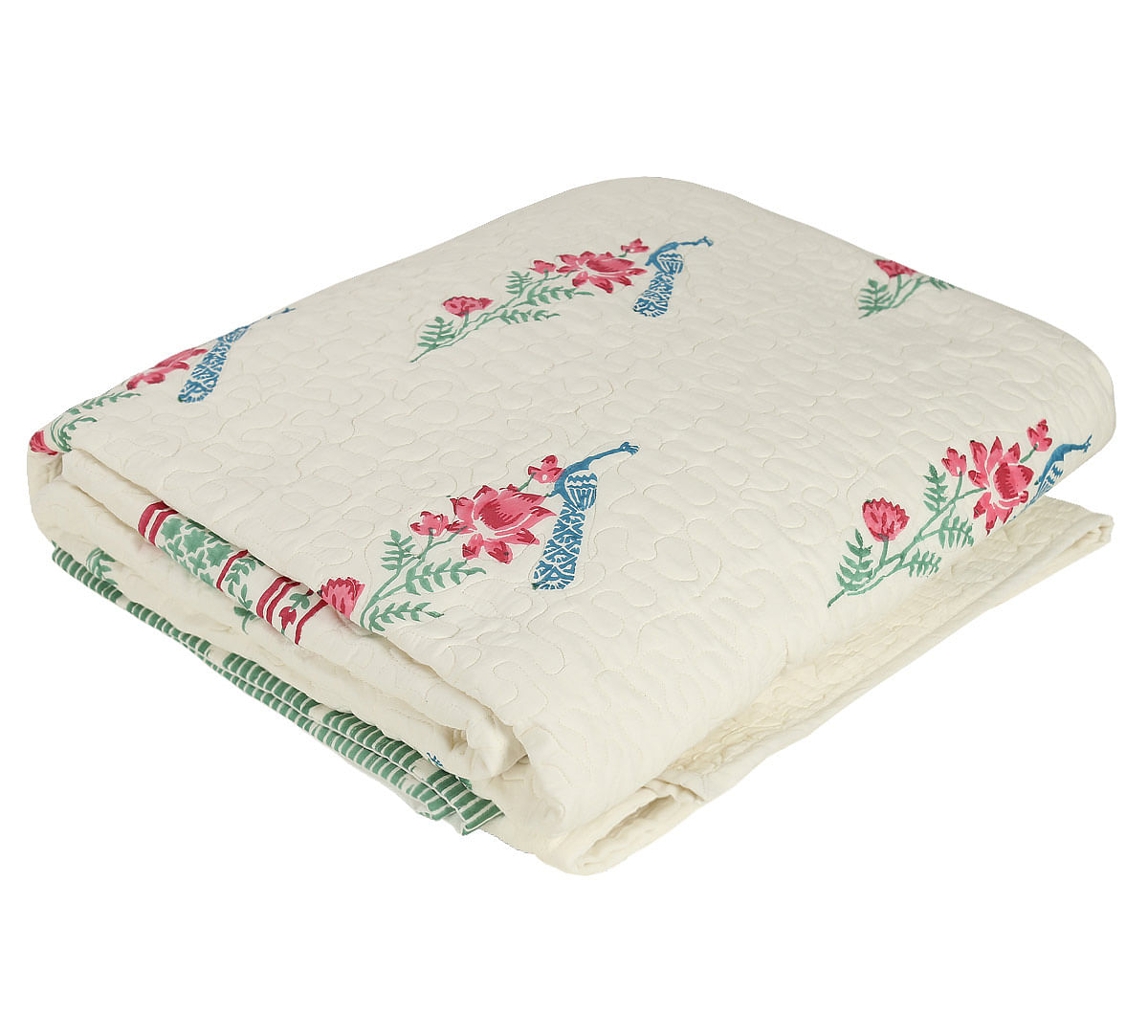 India Circus Perching Peacock Quilted Bed Cover Set