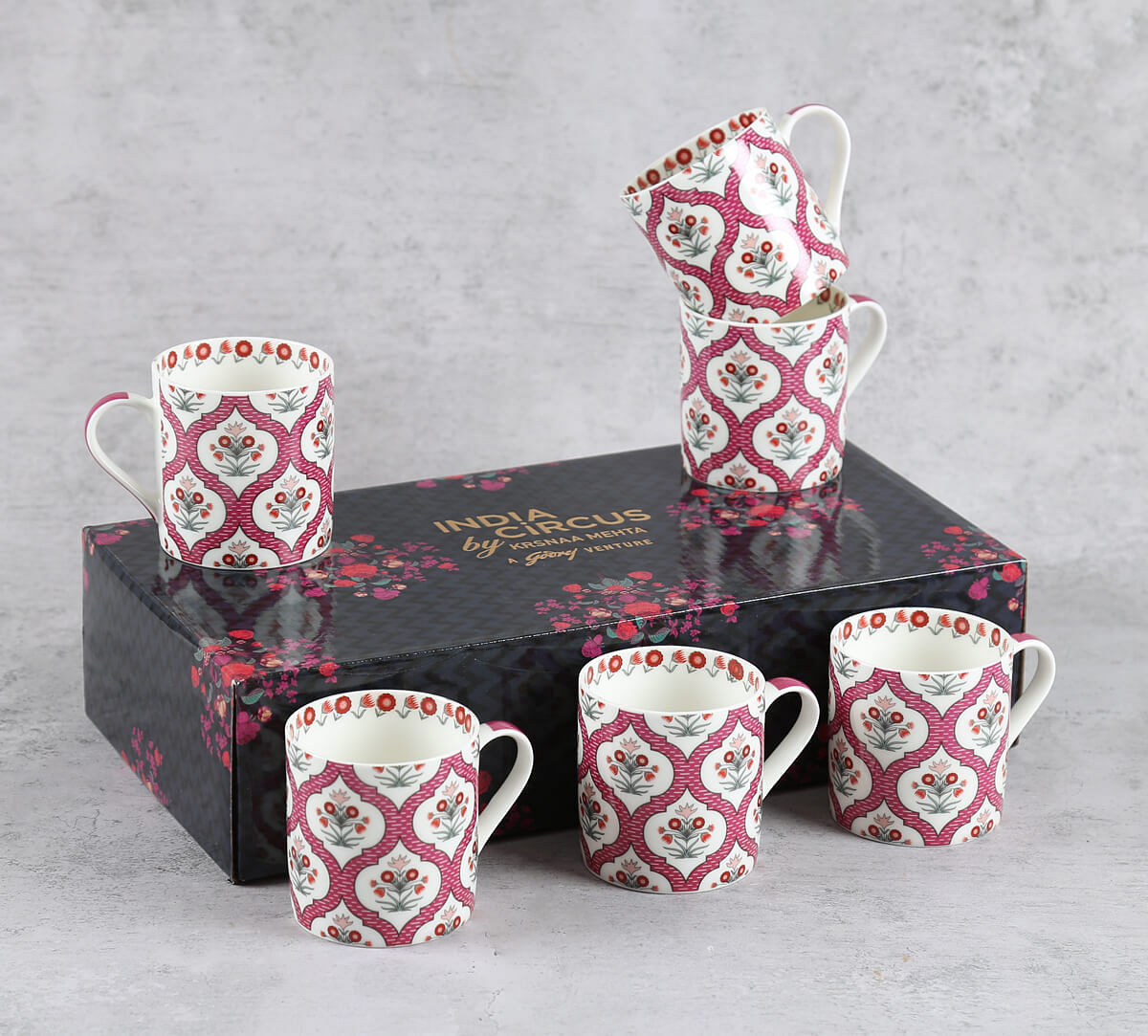 India Circus Pink Lattice Motifs Coffee Mugs Set of 6