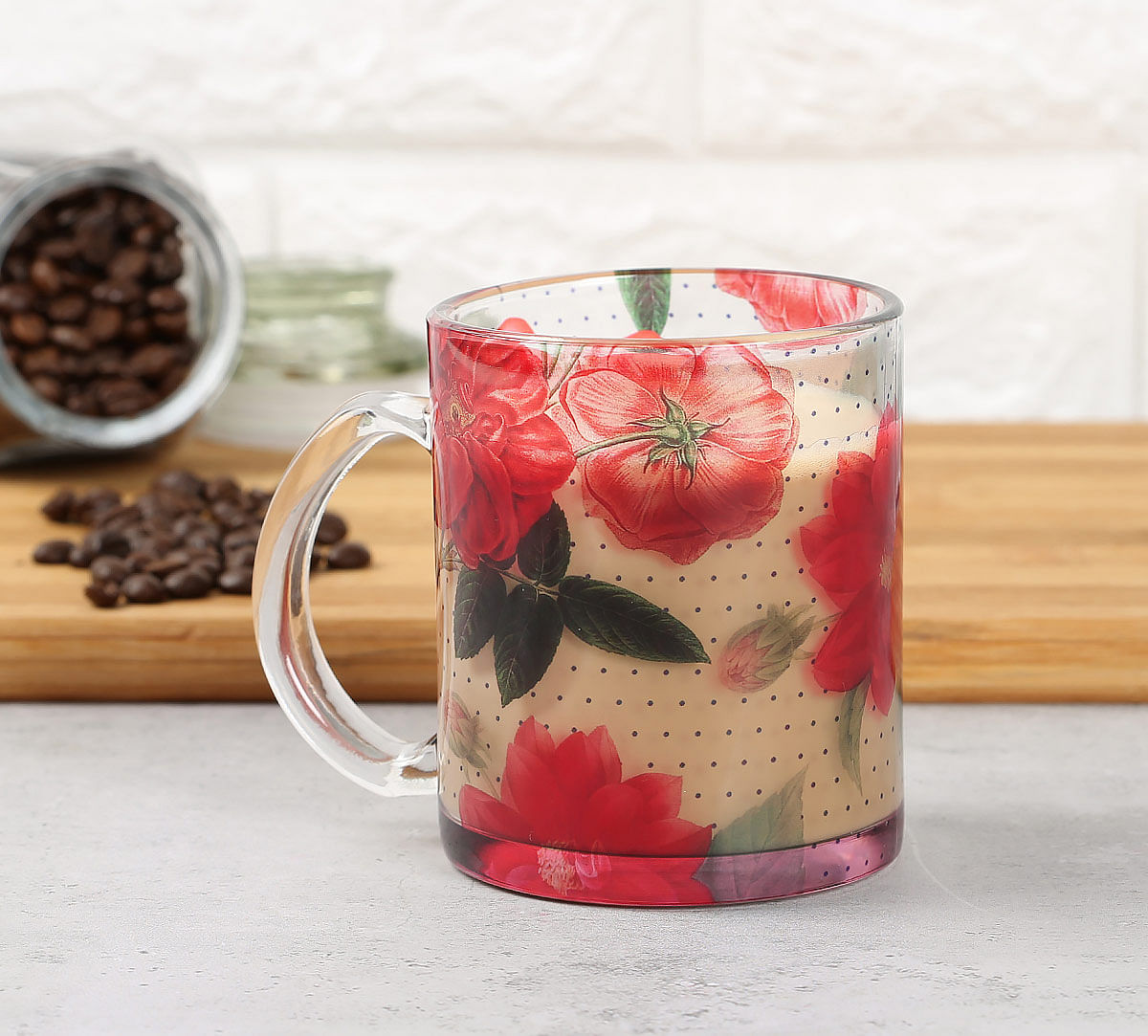 India Circus Red Blooms Glass Mug