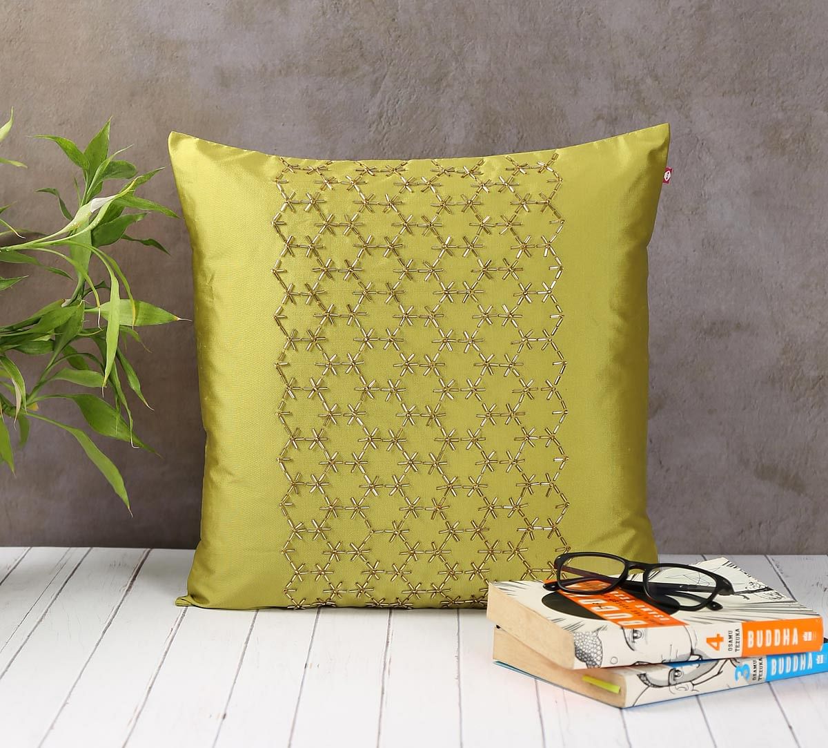 India Circus Rice Bead Olive Green Cushion Cover