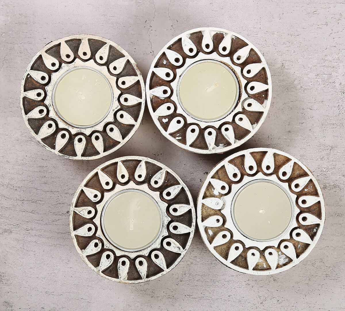 India Circus Round Shaped Wooden Engraved Tea Light Holder Set of 4