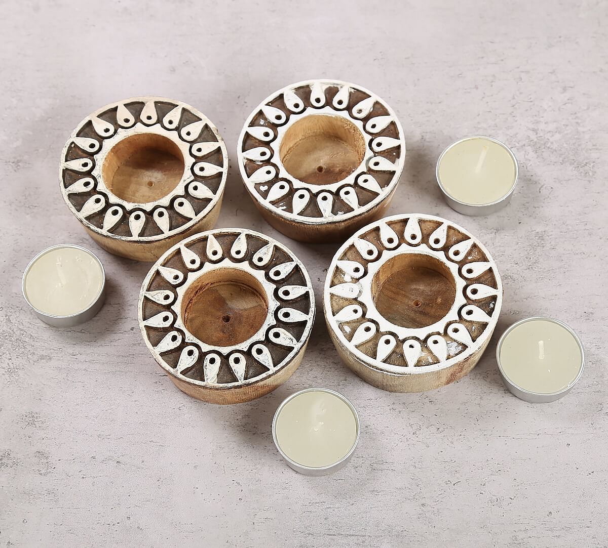 India Circus Round Shaped Wooden Engraved Tea Light Holder Set of 4