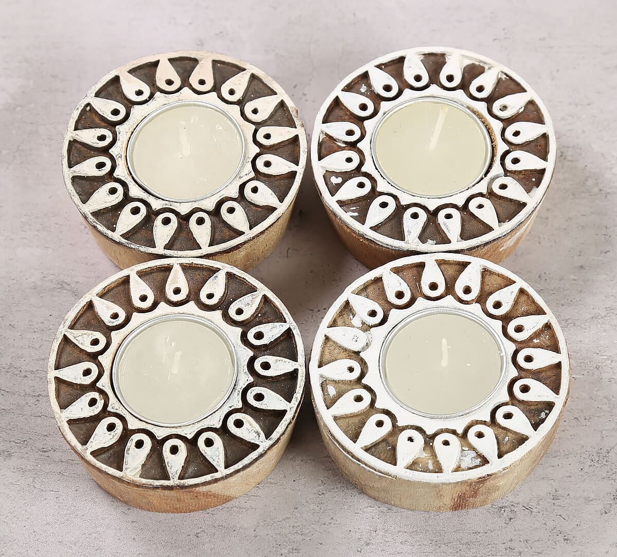 India Circus Round Shaped Wooden Engraved Tea Light Holder Set of 4