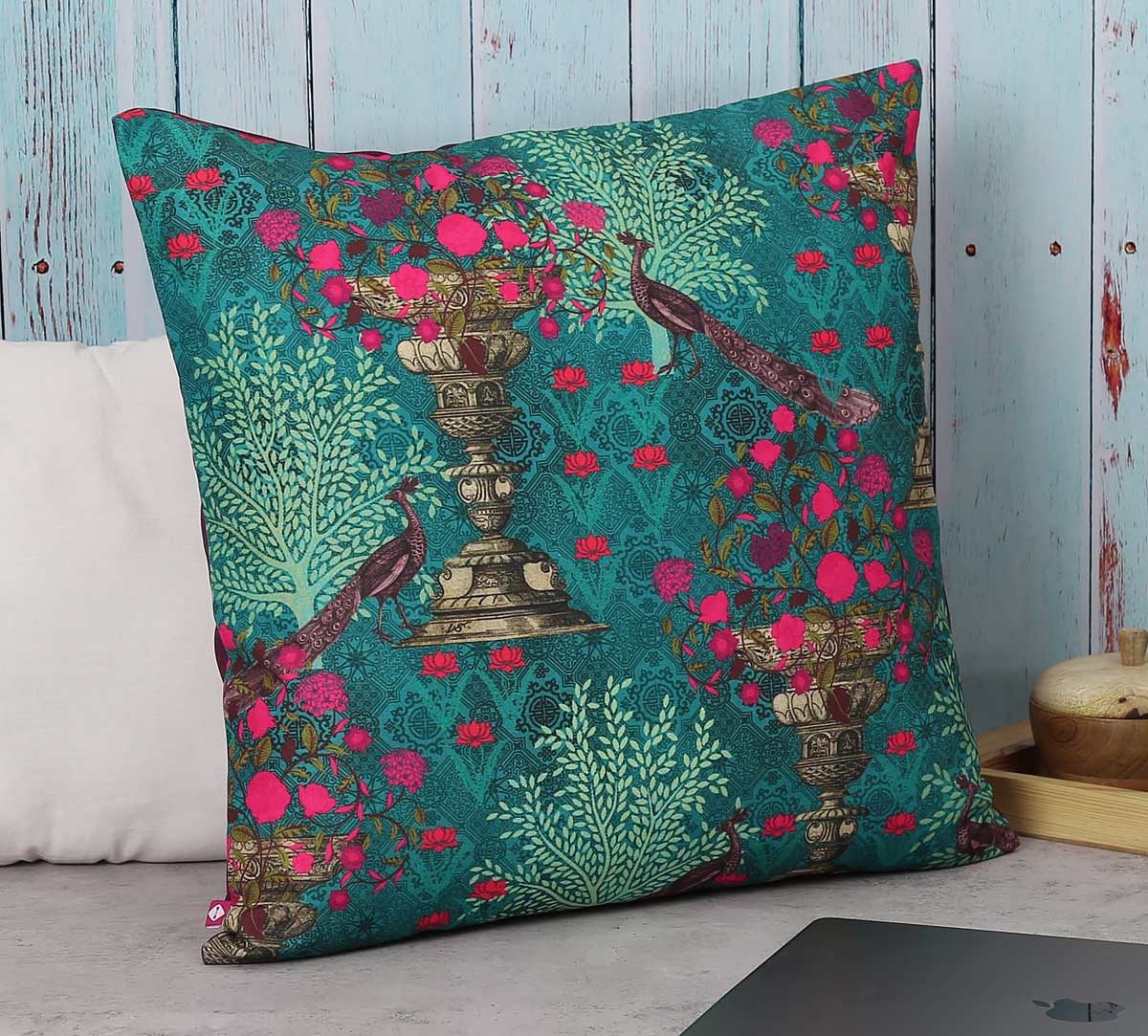 India Circus Sea Green Floral Pillar Crest Canvas Cushion Cover