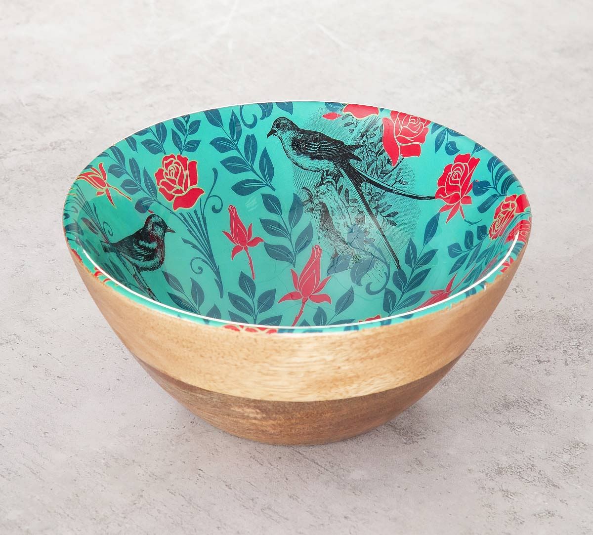 India Circus Sparrow Flower Wooden Bowl