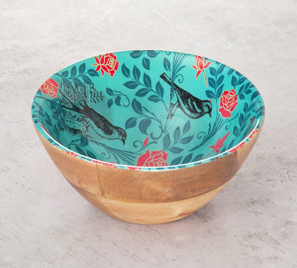 India Circus Sparrow Flower Wooden Bowl