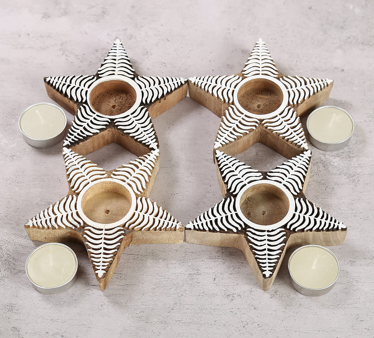 India Circus Star Shaped Wooden Engraved Tea Light Holder Set of 4