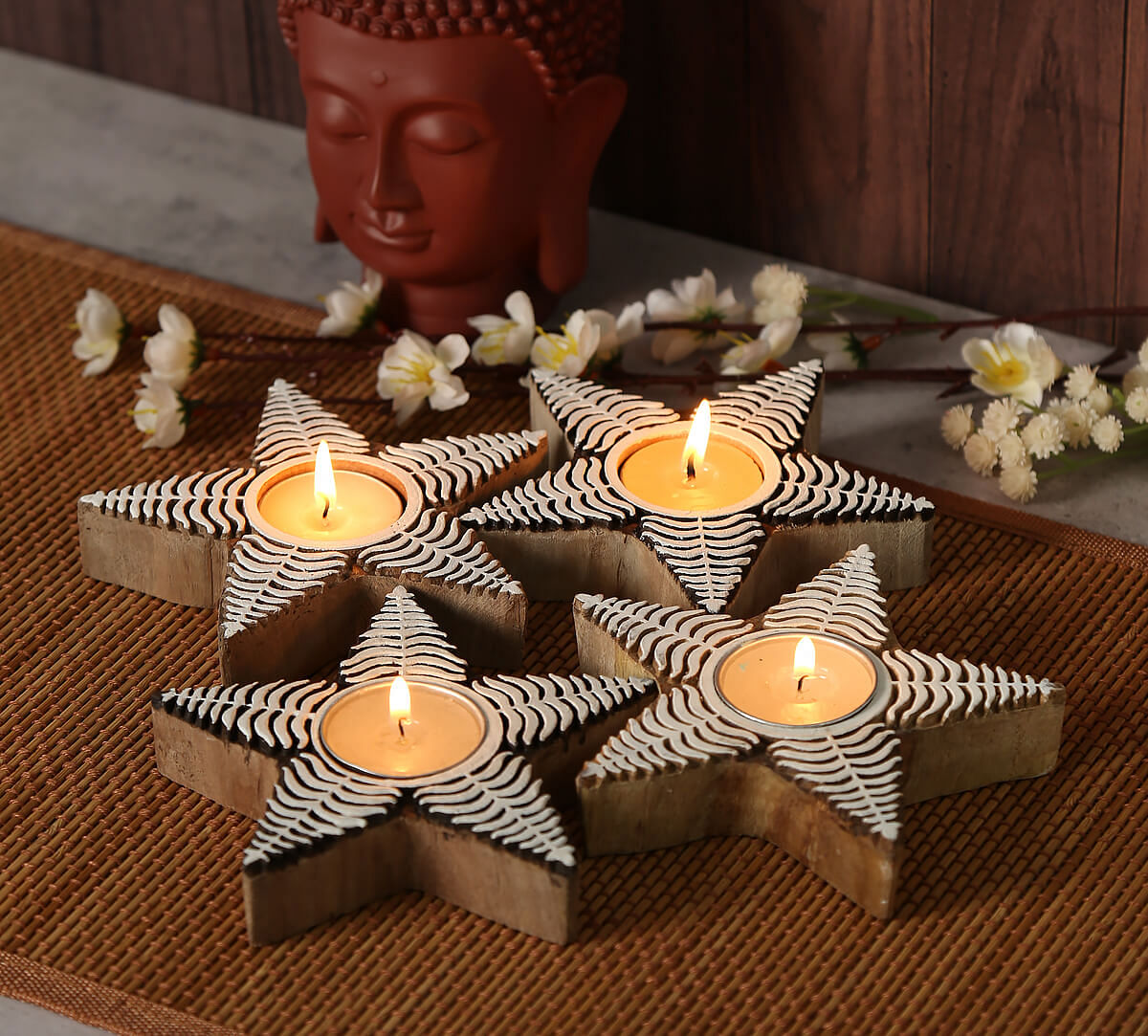 India Circus Star Shaped Wooden Engraved Tea Light Holder Set of 4