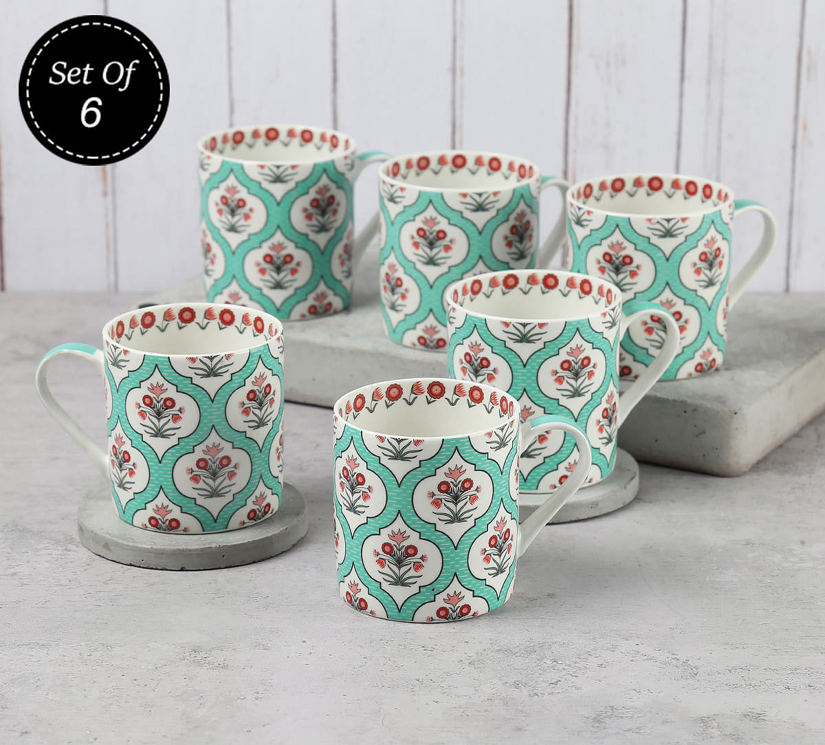 India Circus Teal Lattice Motifs Coffee Mugs Set of 6