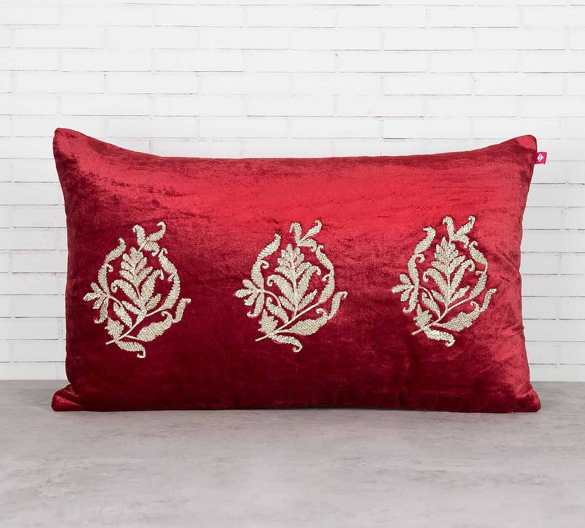 India Circus Trickles of Flower Crimson Embroidered Velvet Cushion Cover