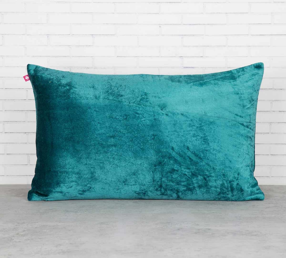 India Circus Trickles of Flower Peacock Green Embroidered Velvet Cushion Cover