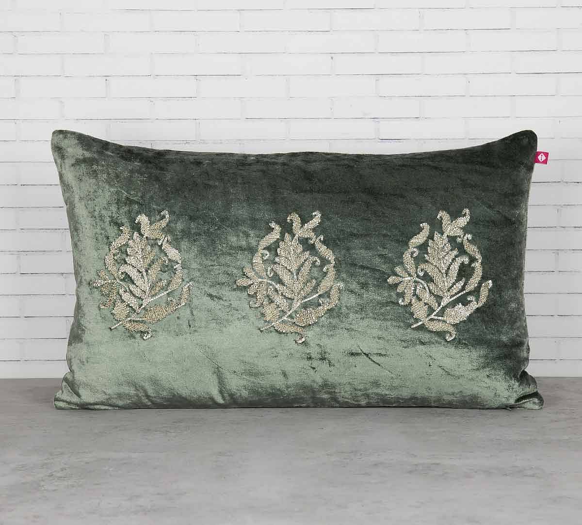 India Circus Trickles of Flower Siege Green Embroidered Velvet Cushion Cover