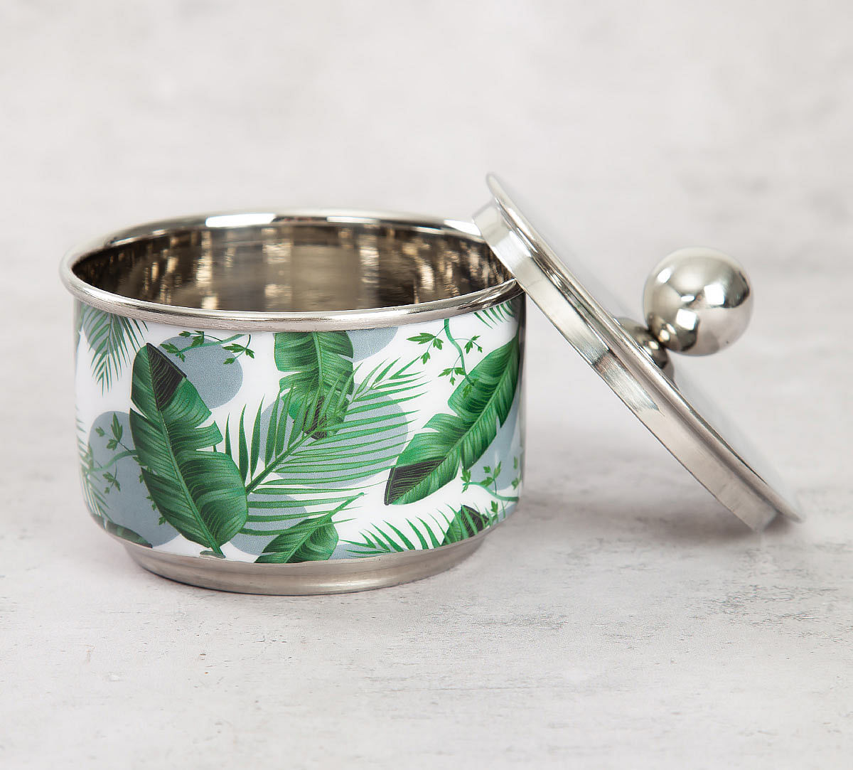 India Circus Tropical Leaves Steel Bowl with Lid