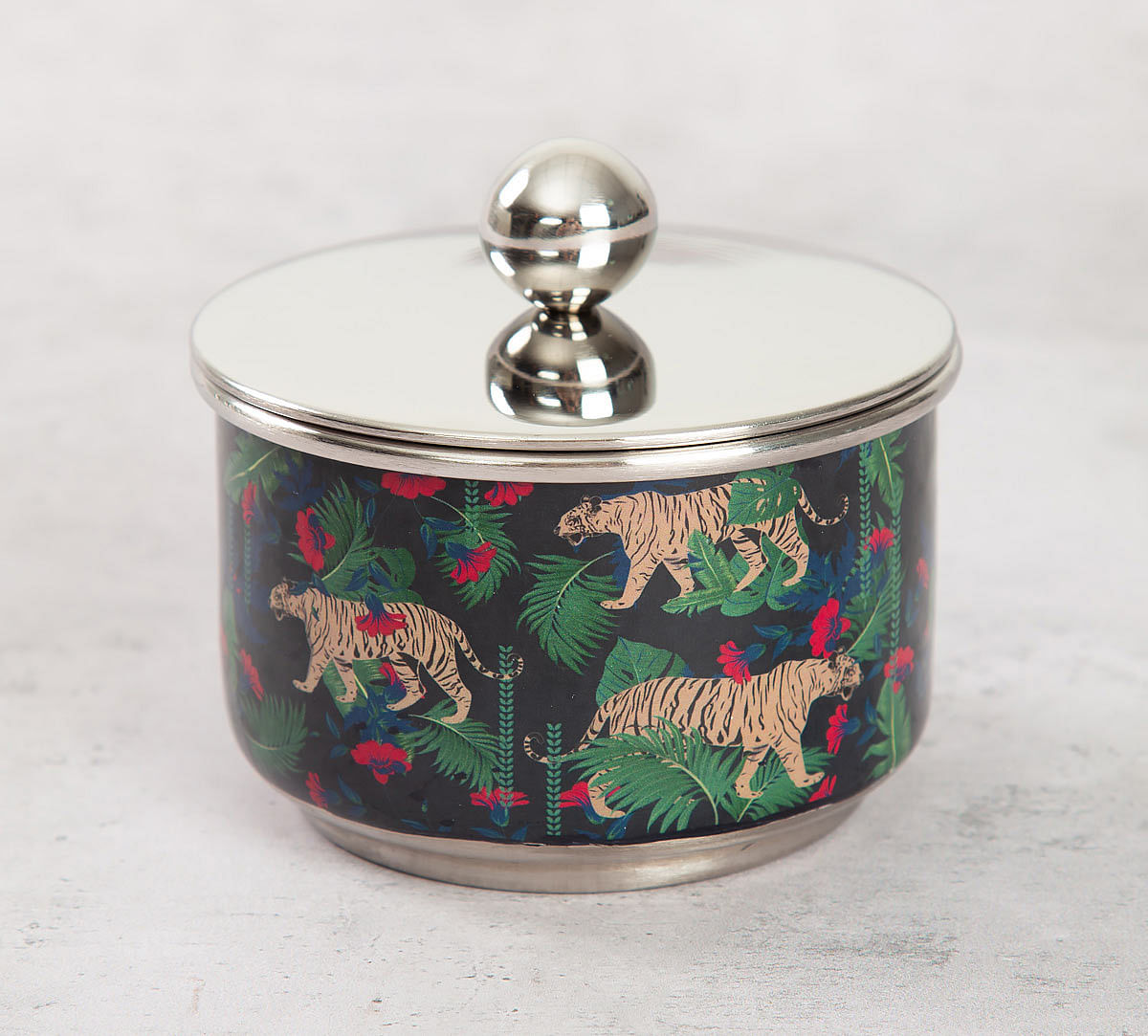 India Circus Tropical Tiger Steel Bowl with Lid