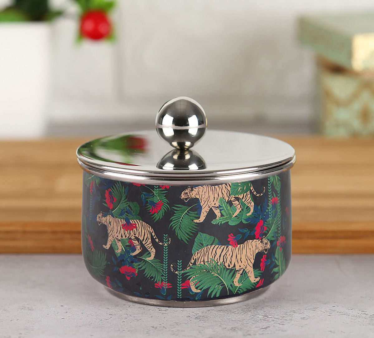 India Circus Tropical Tiger Steel Bowl with Lid