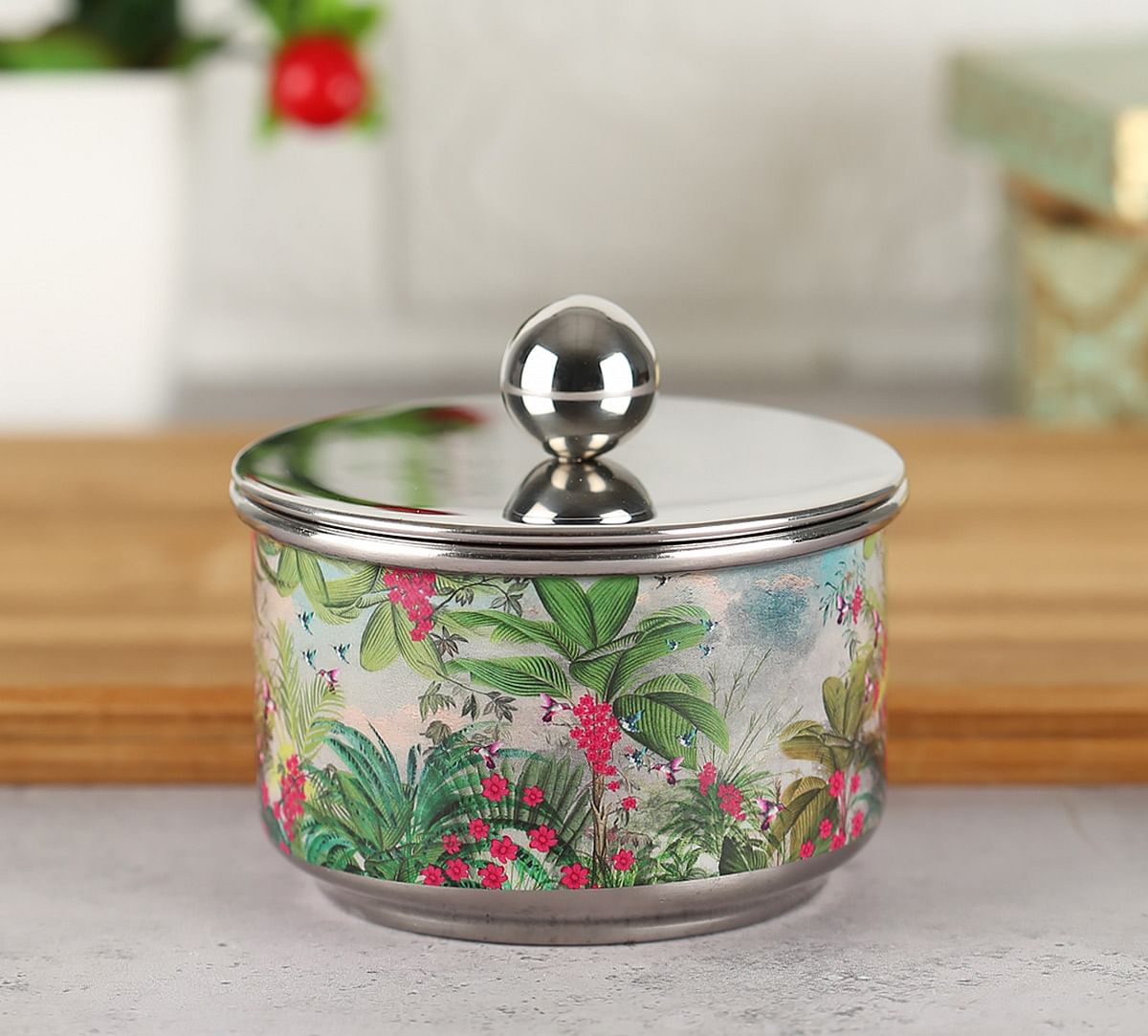 India Circus Tropical View Steel Bowl with Lid