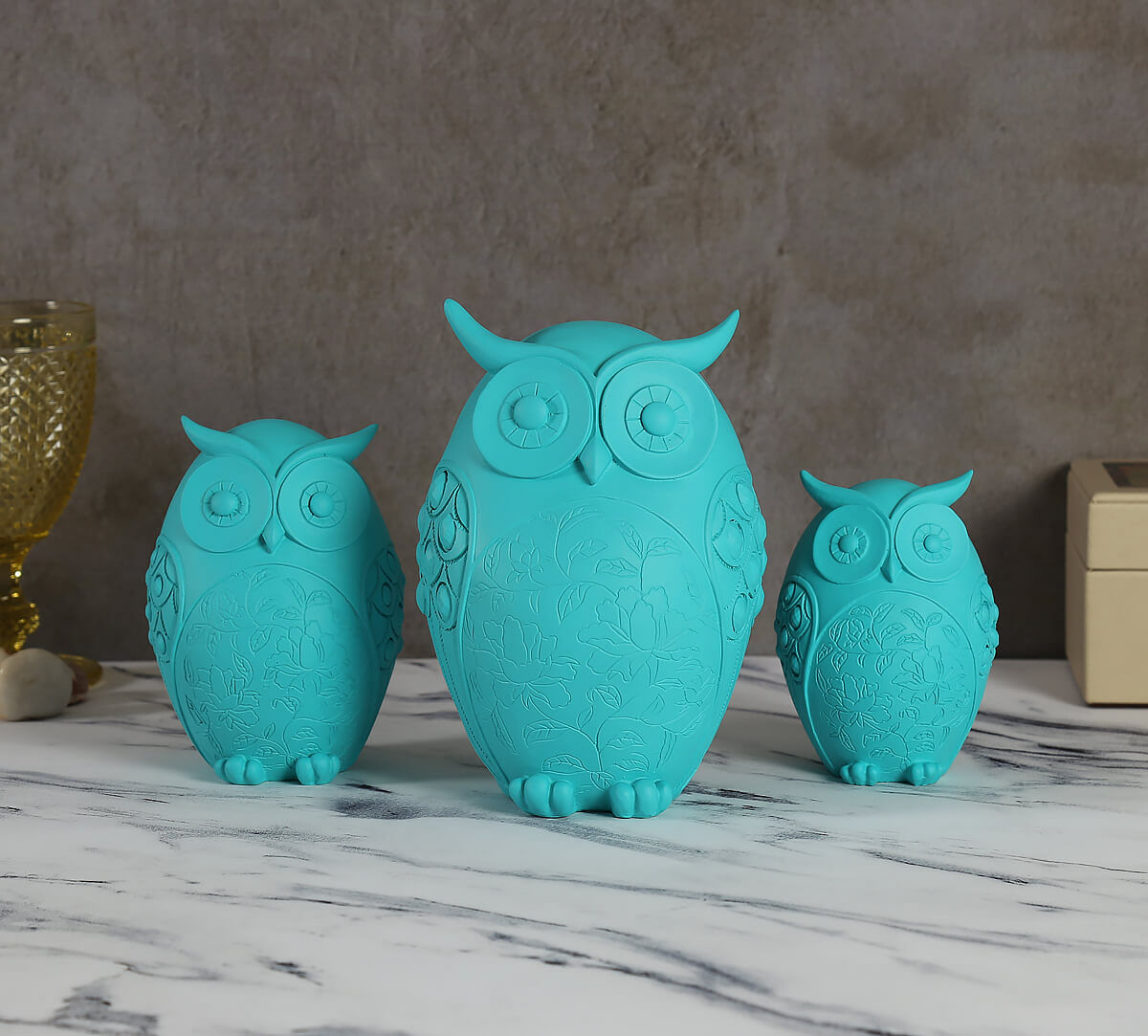 India Circus Turquoise Owls Figurine Set of 3