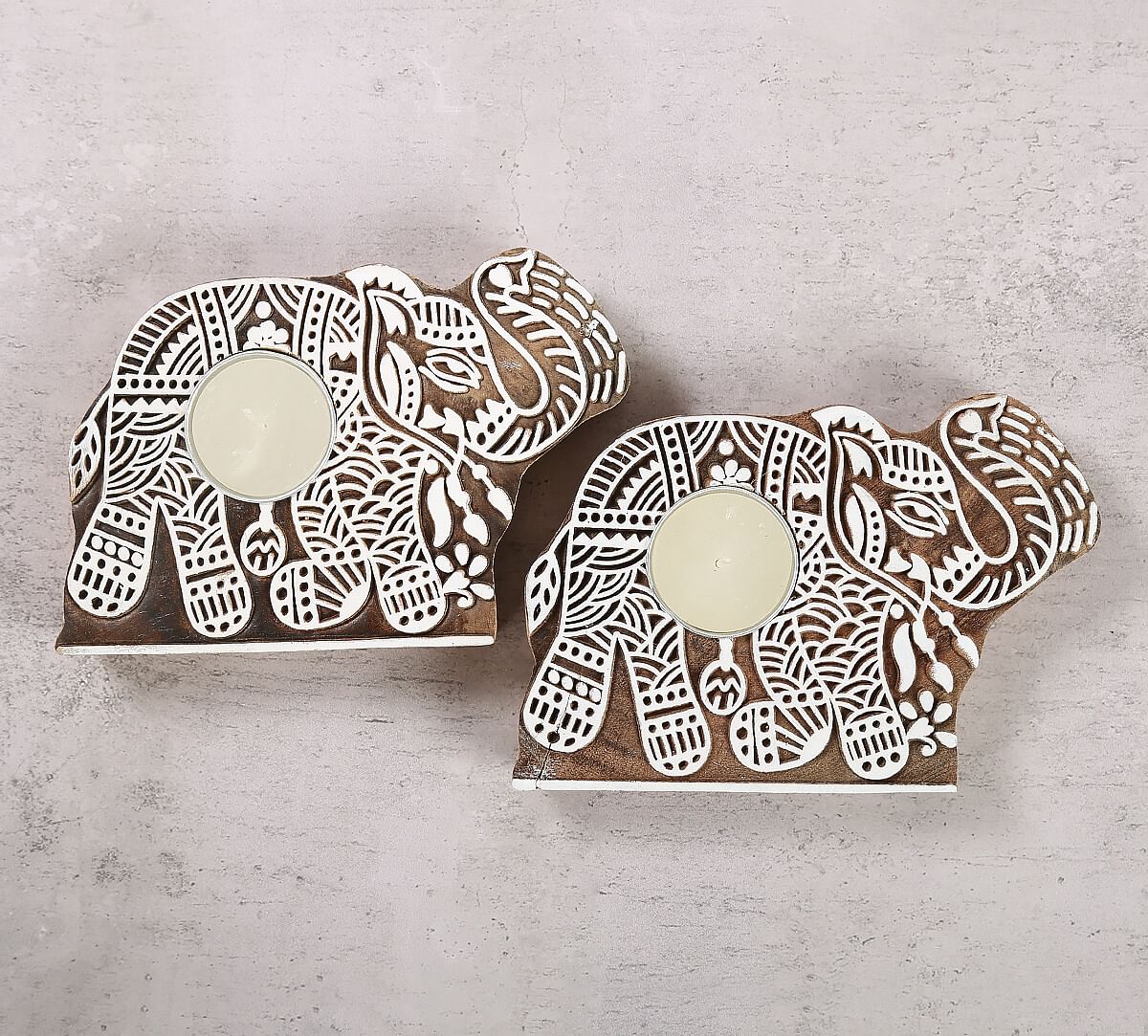 India Circus Tusker Shaped Wooden Engraved Tea Light Holder Set of 2