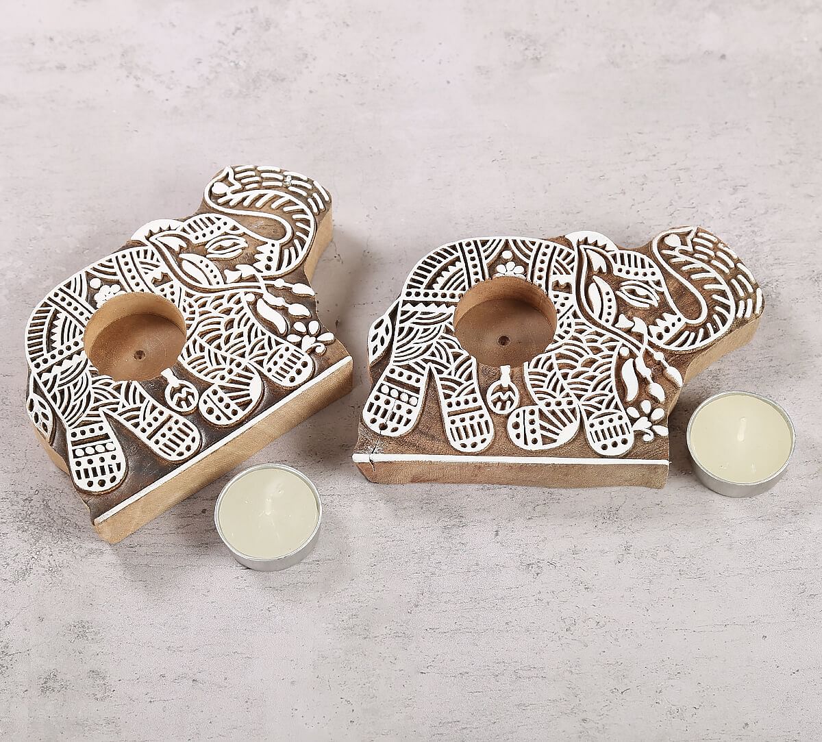 India Circus Tusker Shaped Wooden Engraved Tea Light Holder Set of 2